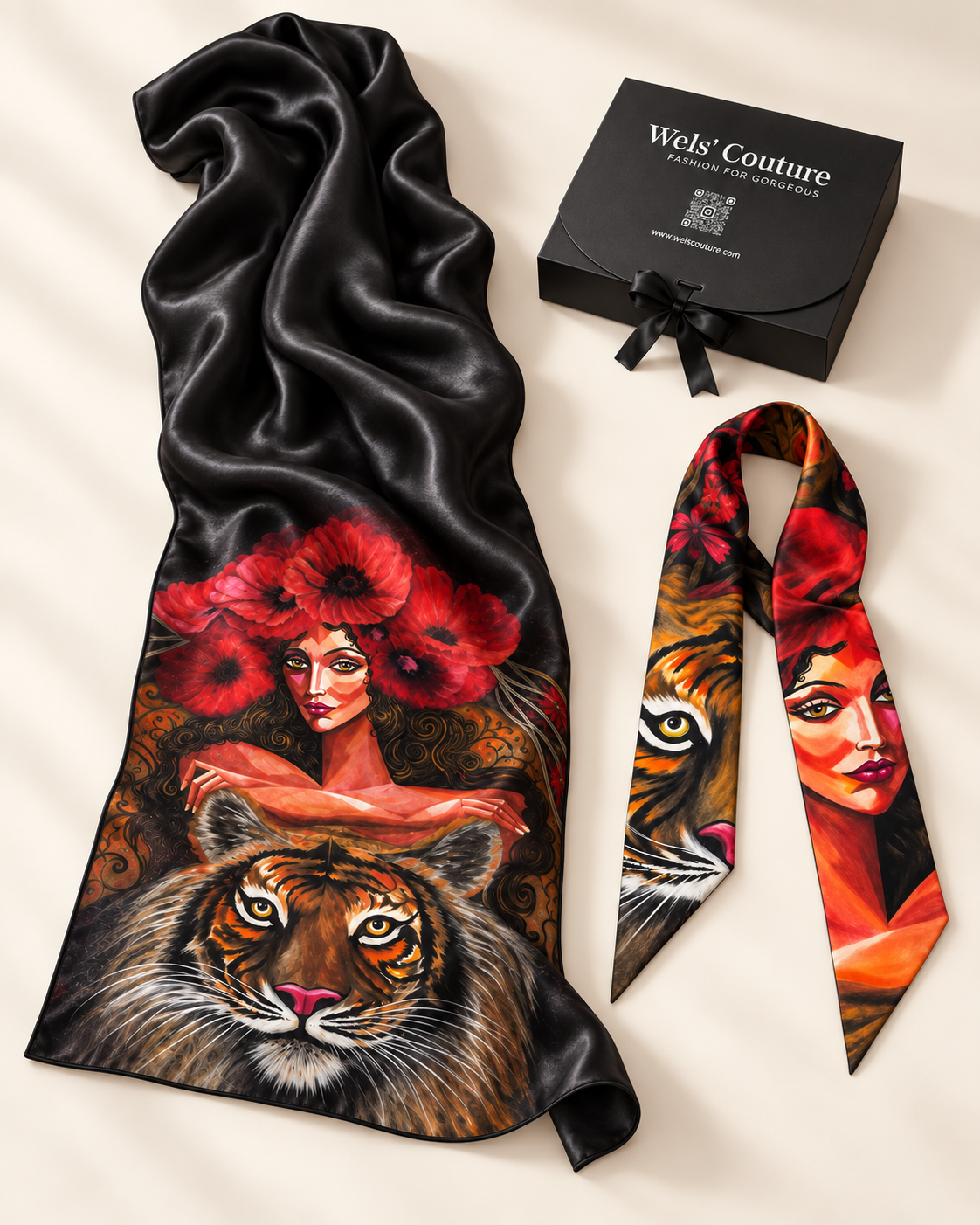 Roaring Flower Silk Shawl &amp; Twilly Set